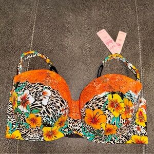 Cacique Orange and Black Floral Lace Bra Bandeau Sexy Solution -NWT